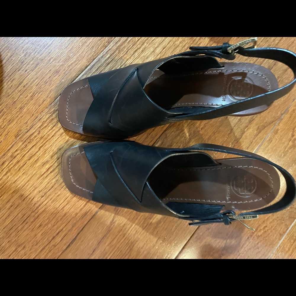 Tory Burch Bleecker Slingback Leather Gold Heel Sandals Black 8